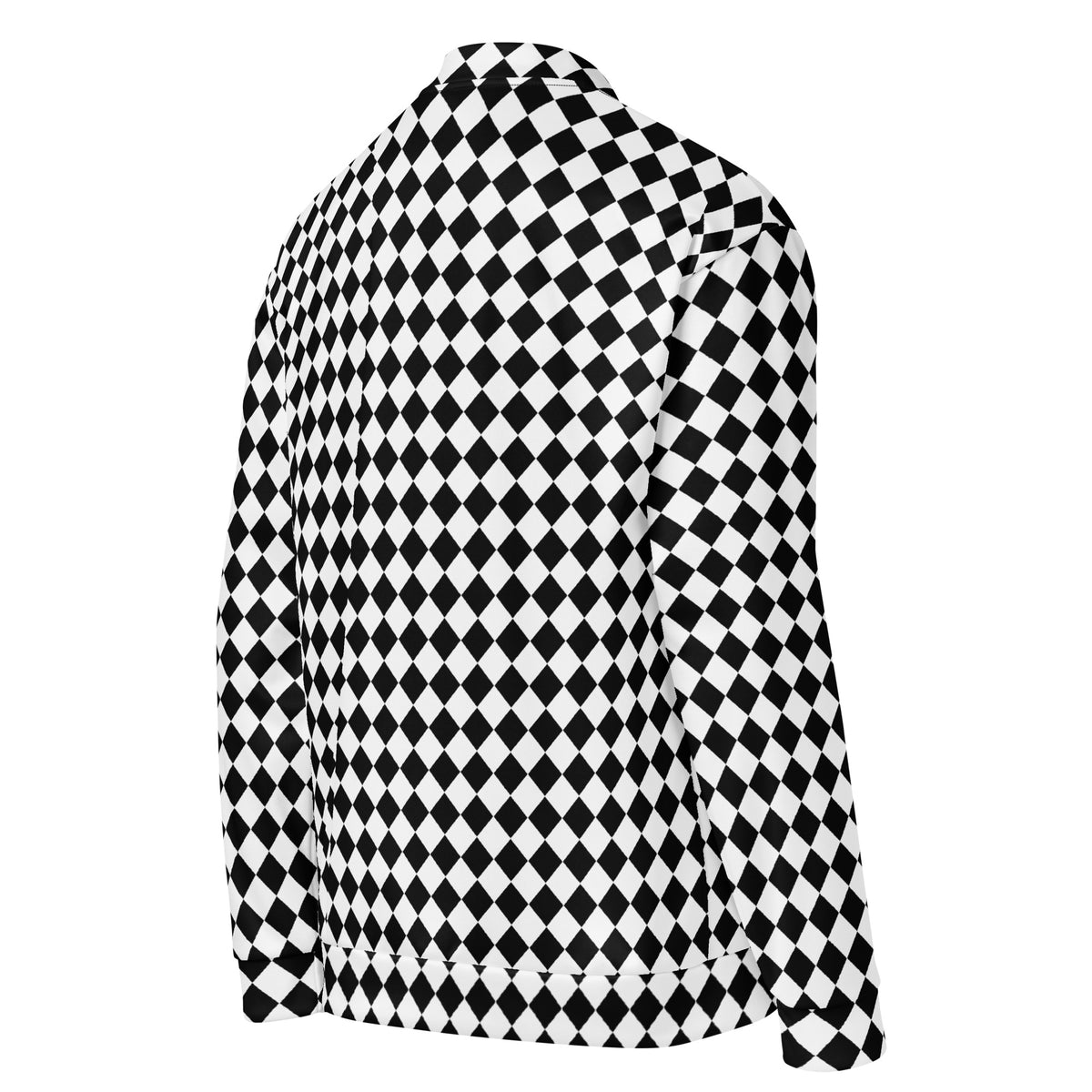 Graphic fleece jacket in a relaxed unisex fit, back right side view showing the checkboard printed design