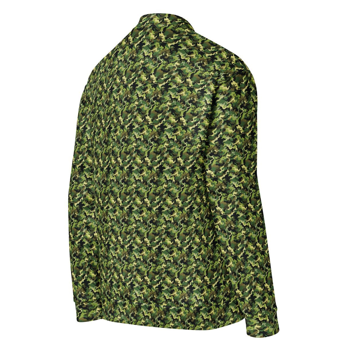 Right side backview of a green camouflage fleece jacket with a relaxed fit