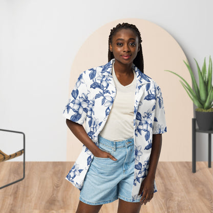 White & Blue Floral Festival Shirt | Unisex Button-Up