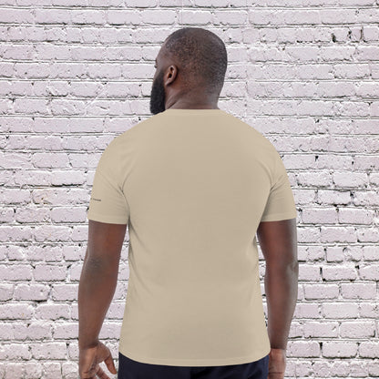 Male Model wearing UNCLASSD CORE Sand Tee during dance or rollerskate flow practice - back 
