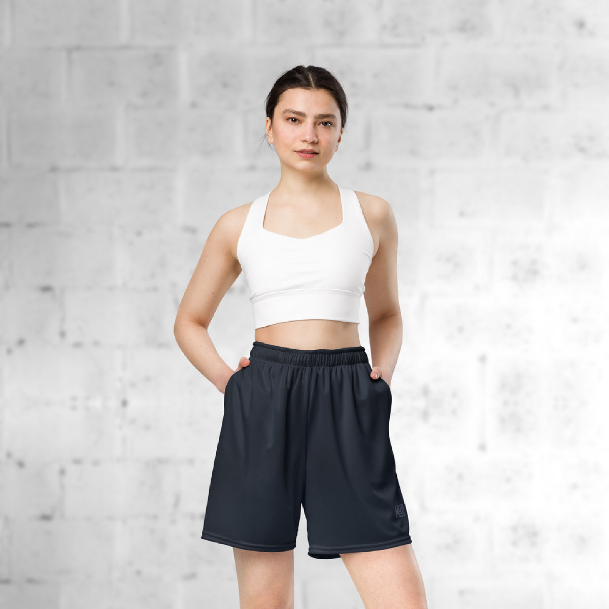Model wearing navy core mesh dance sport short for studio dance practice