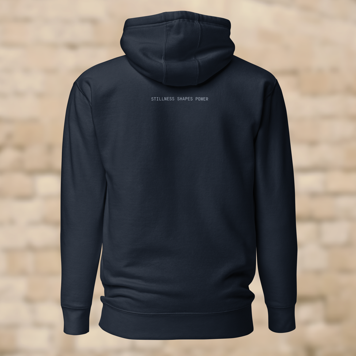 UNCLASSD CORE navy hoodie back STILLNESS SHAPES POWER mantra high back