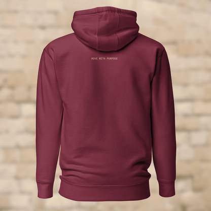 UNCLASSD CORE maroon hoodie back MOVE WITH PURPOSE mantra high back