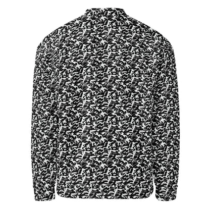 Unisex black camouflage fleece jacket, back view showing the full camo pattern