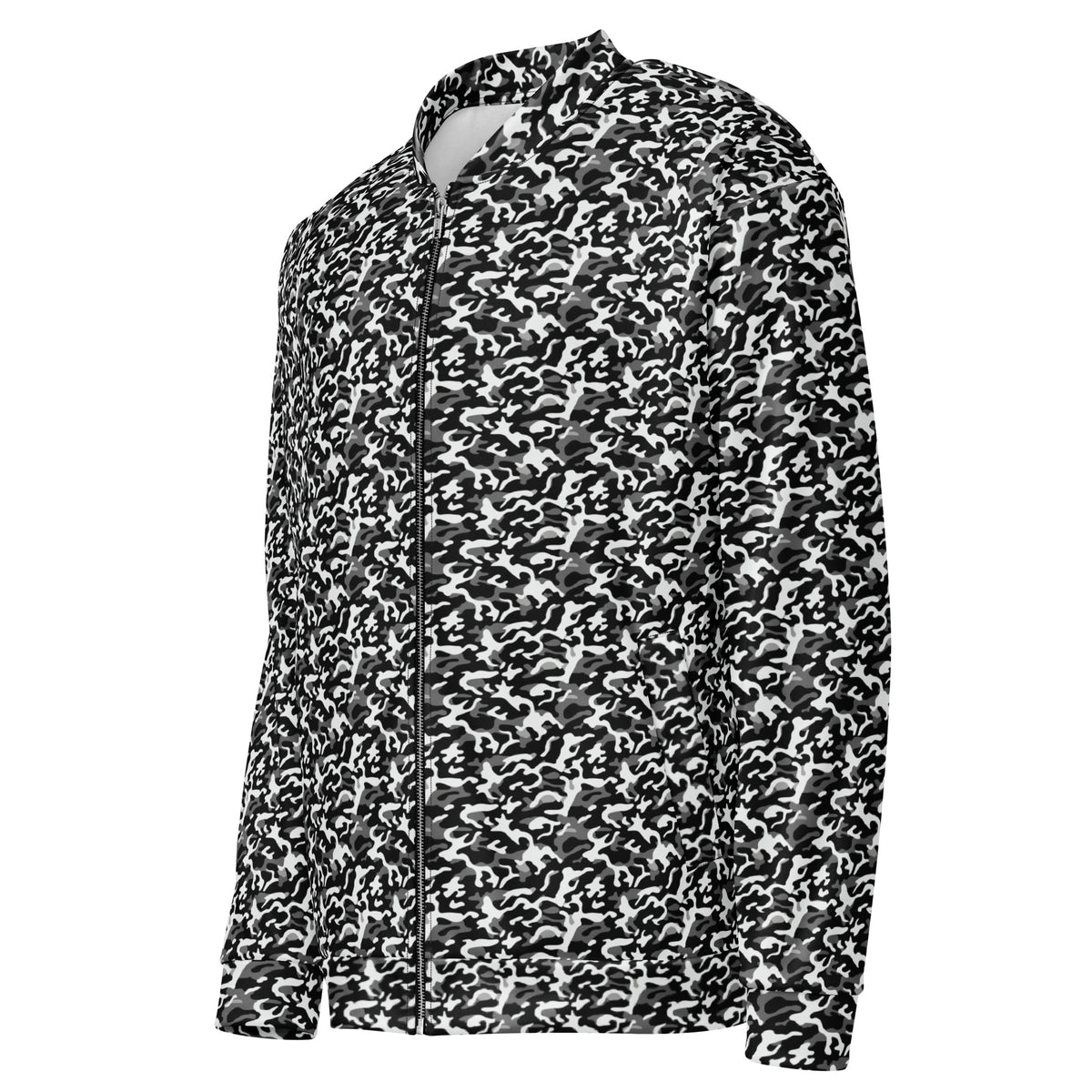 Side view of a unisex  black camo fleece jacket showing the camouflage pattern