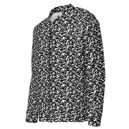 Side view of a unisex  black camo fleece jacket showing the camouflage pattern