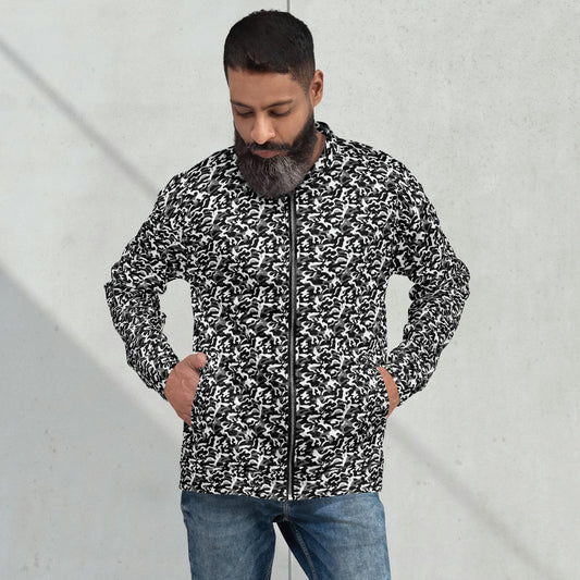Model wearing a relaxed unisex black camouflage fleece jacket with a streetwear outfit