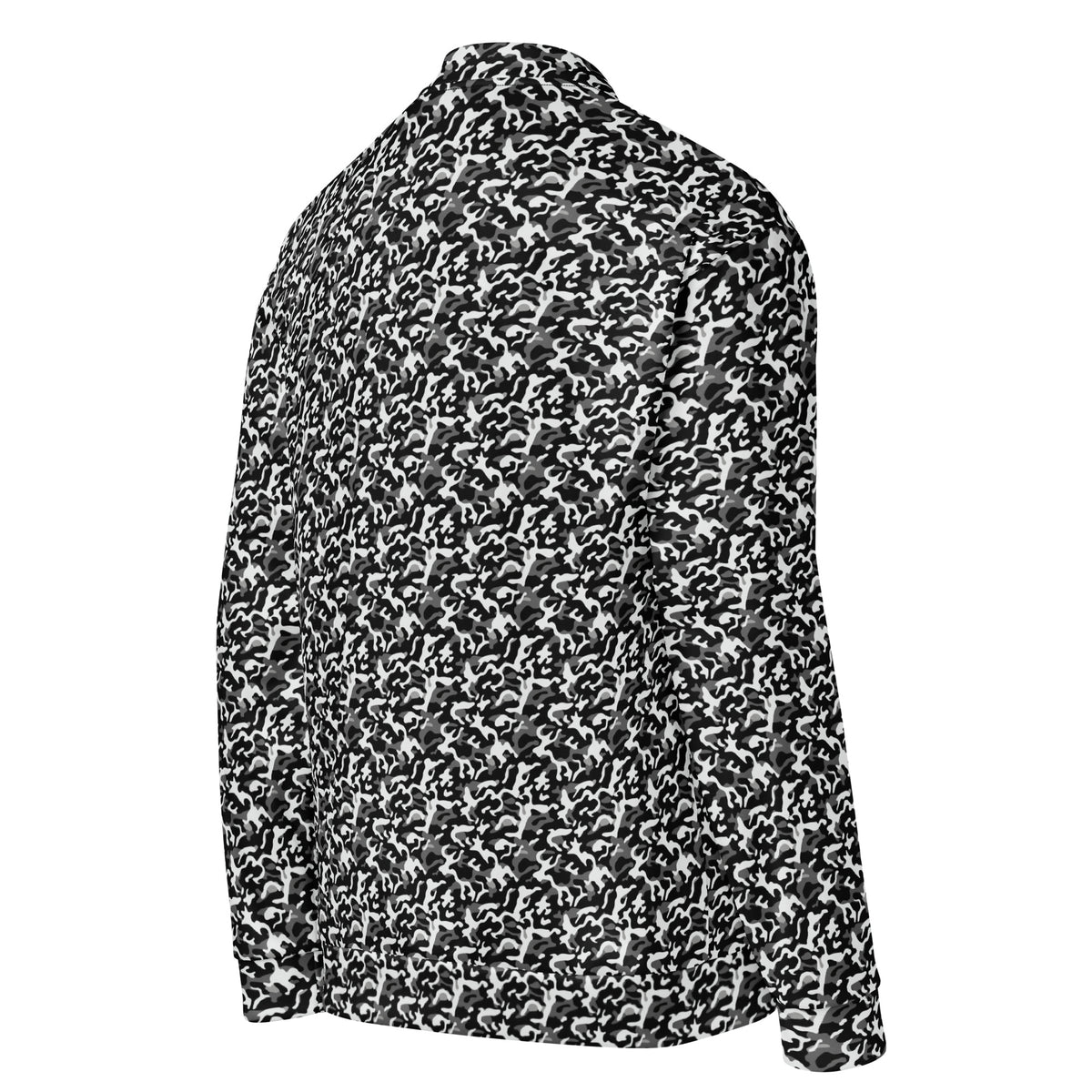 Right side view of a black camouflage fleece jacket with a relaxed fit