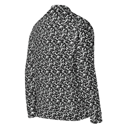 Right side view of a black camouflage fleece jacket with a relaxed fit