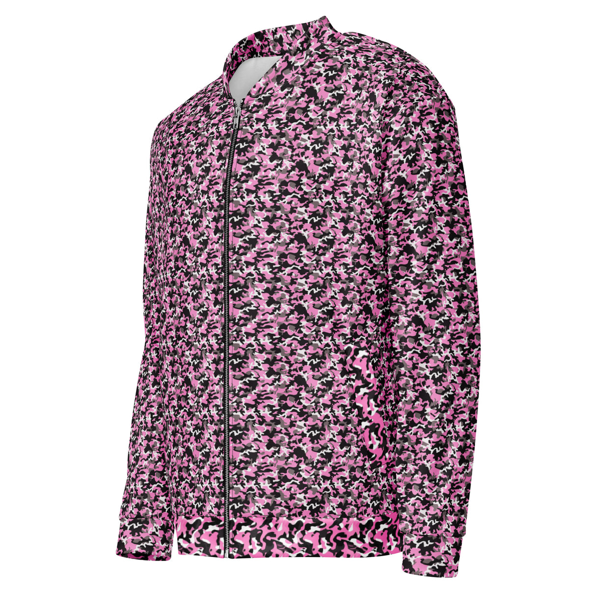 Side view of a unisex pink camo fleece jacket showing the camouflage pattern