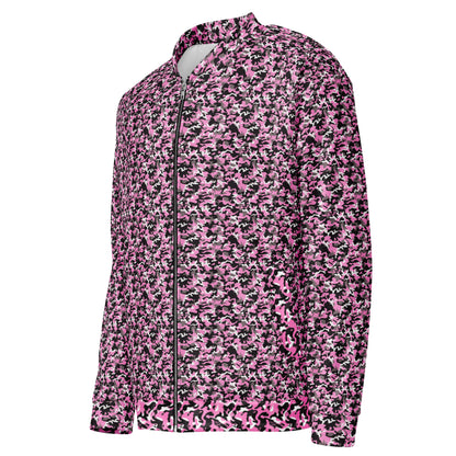 Side view of a unisex pink camo fleece jacket showing the camouflage pattern