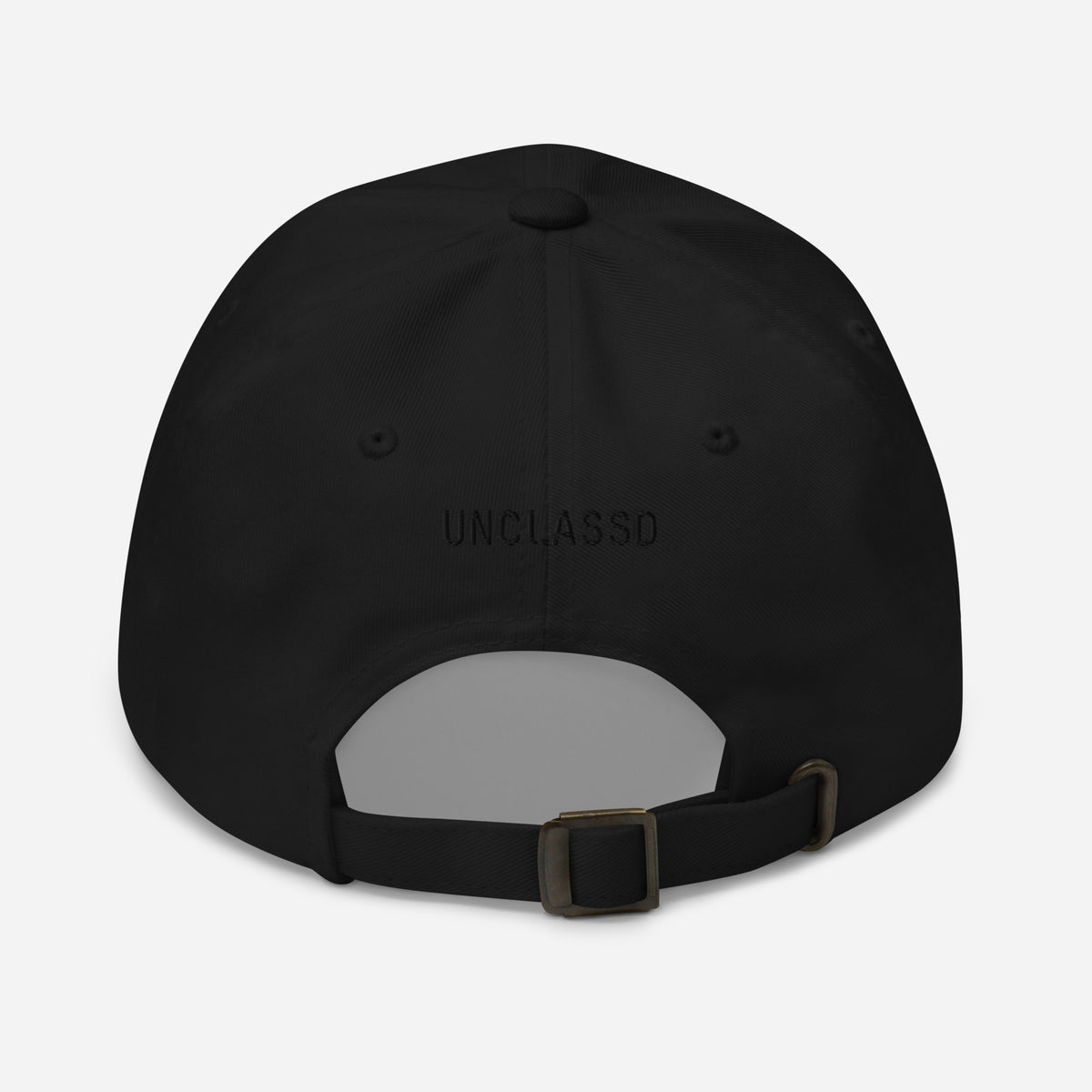 Black dad hat back view embroidered UNCLASSD wordmark