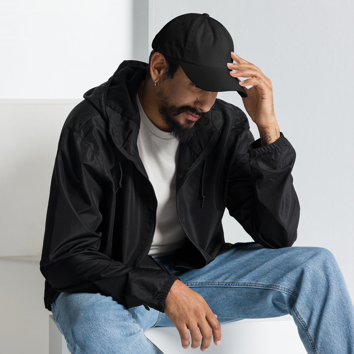 Male model Chino cotton twill texture black dad hat

