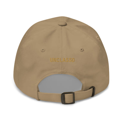 Khaki dad hat back view embroidered UNCLASSD wordmark