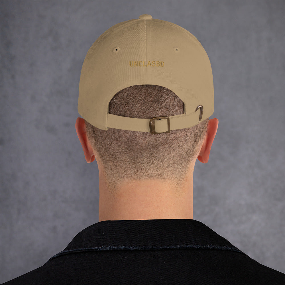 Male model Khaki dad hat back view embroidered UNCLASSD