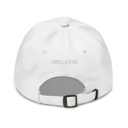 White dad hat back view embroidered UNCLASSD