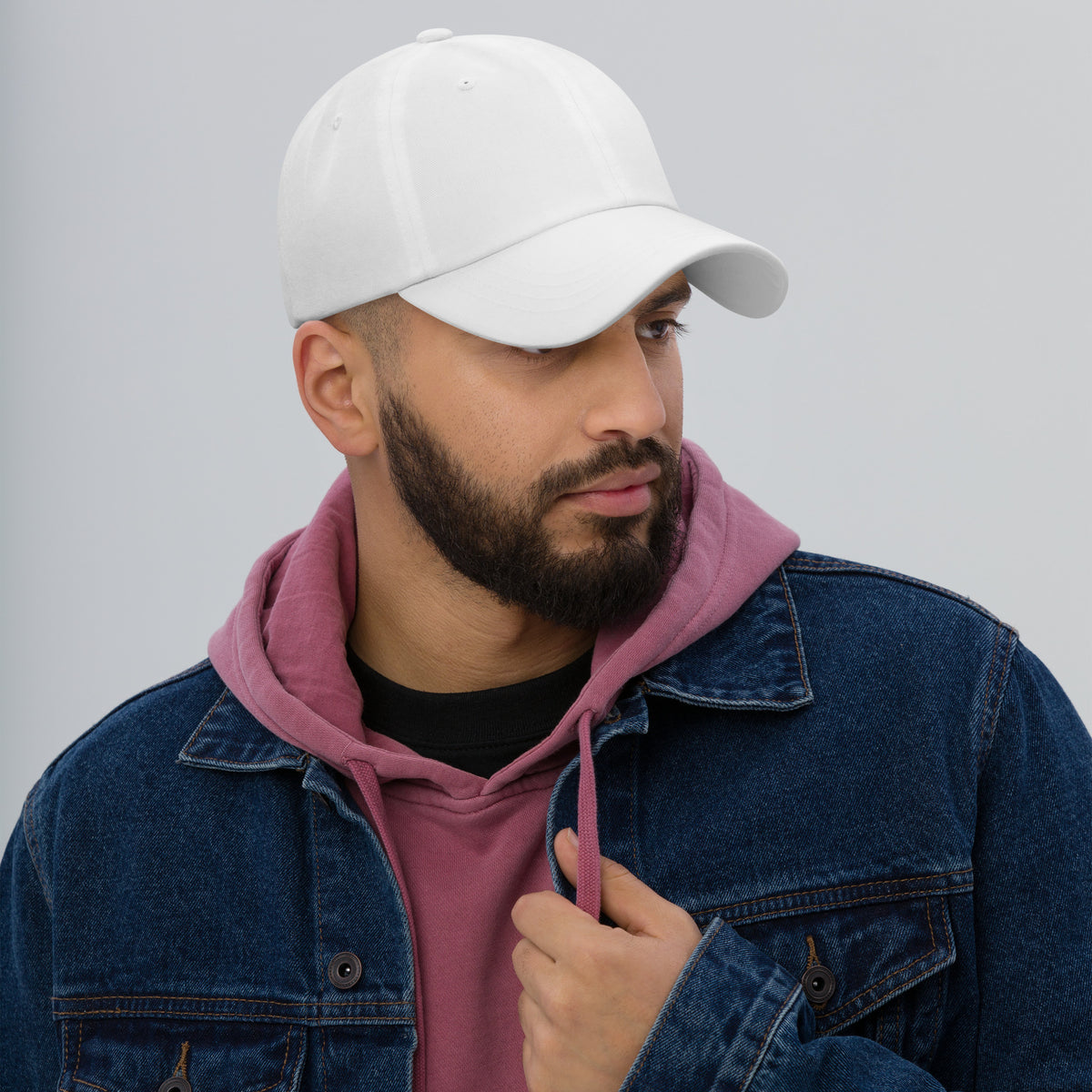 Male  model White dad hat low-profile front view