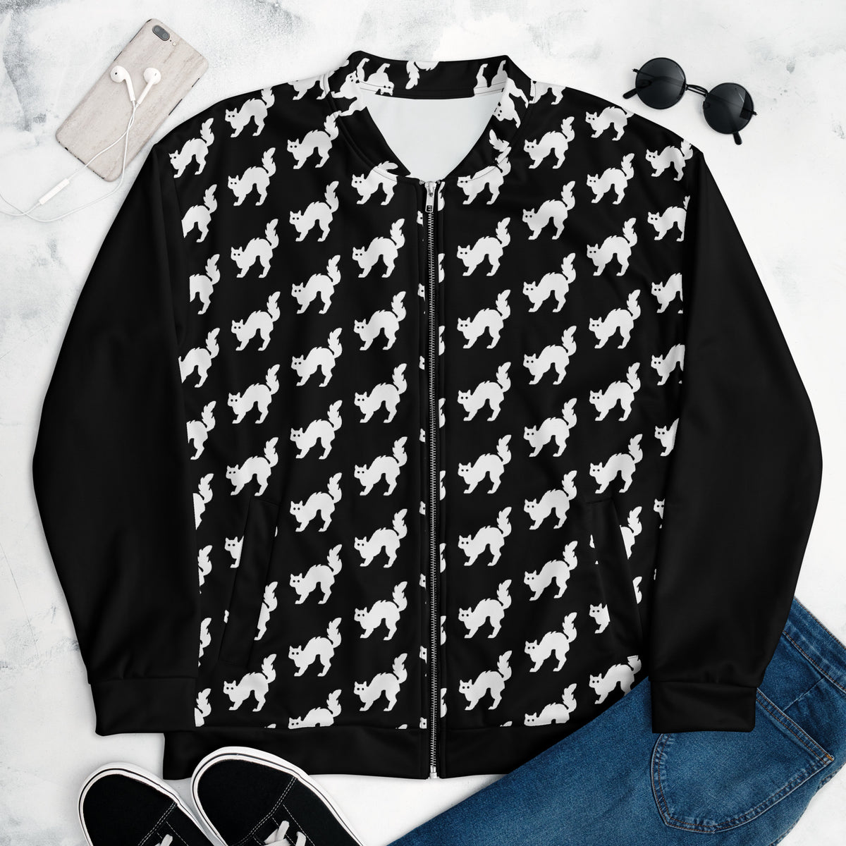 Graphic fleece jacket "cat" for adults in a relaxed unisex fit, front view flat lay
