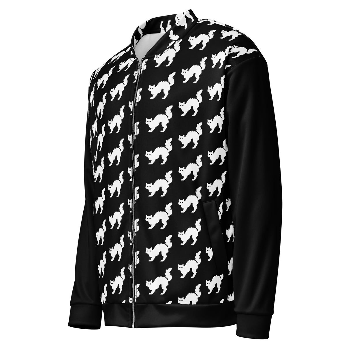 Side view of a graphic fleece jacket showing the left side and cat printed pattern