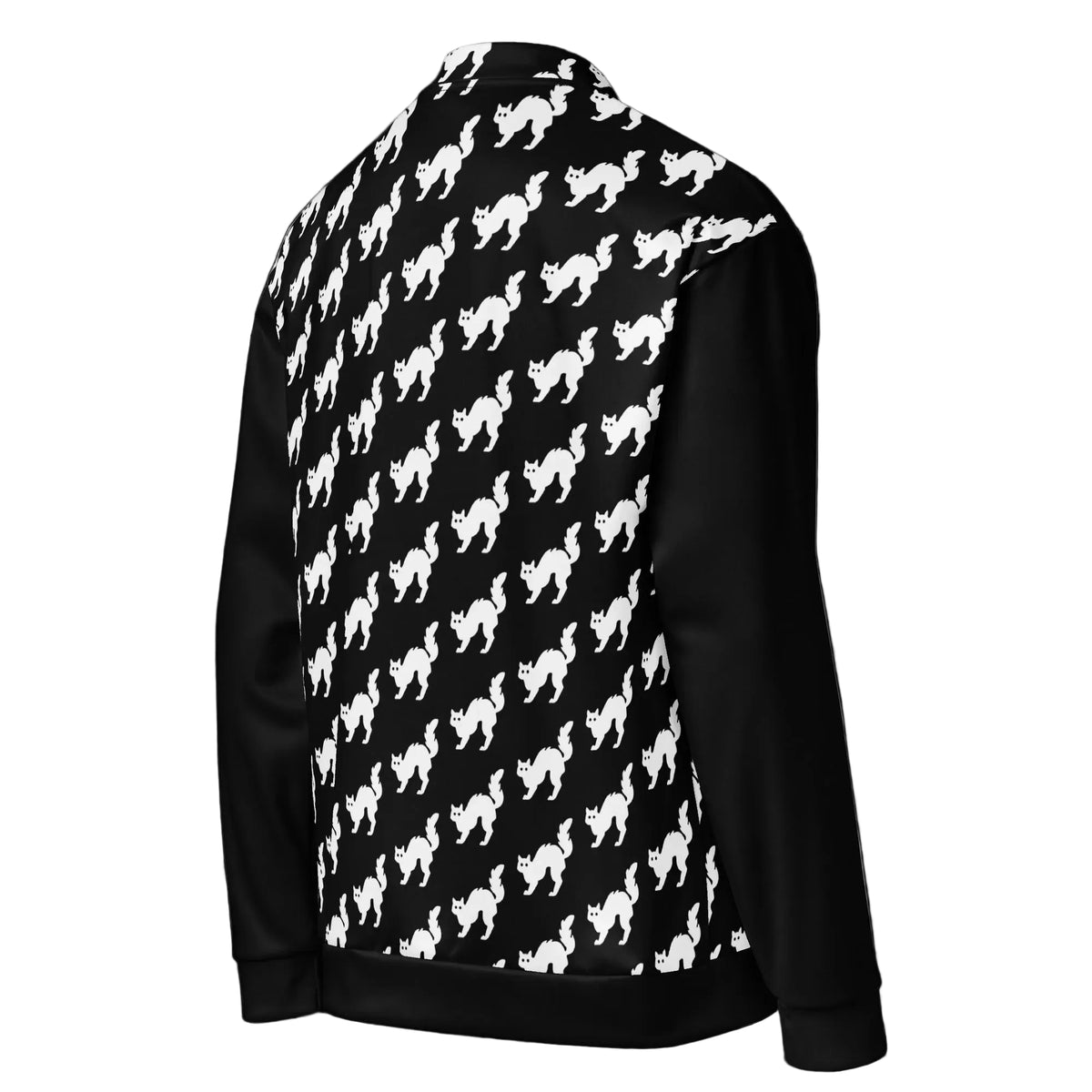Side view of a graphic fleece jacket showing the right side and cat printed pattern