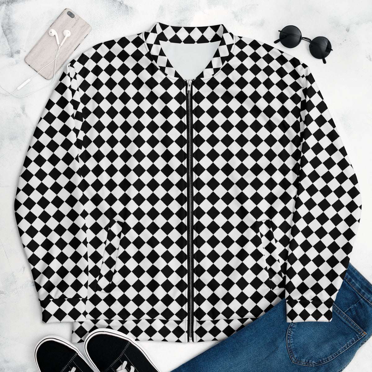 Graphic fleece jacket "checkboard" for adults in a relaxed unisex fit, front view flat lay
