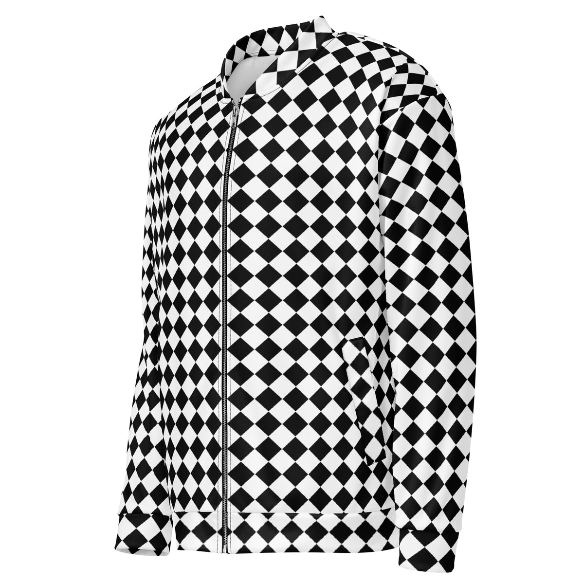 Side view of a graphic fleece jacket showing the left side and checkboard printed pattern