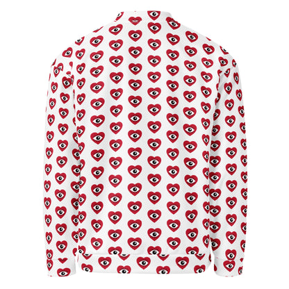 Graphic fleece jacket in a relaxed unisex fit, back view showing the heart printed design
