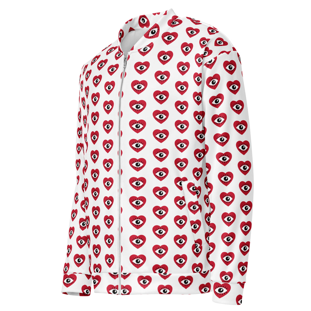 Side view of a graphic fleece jacket showing the left side and heart printed pattern