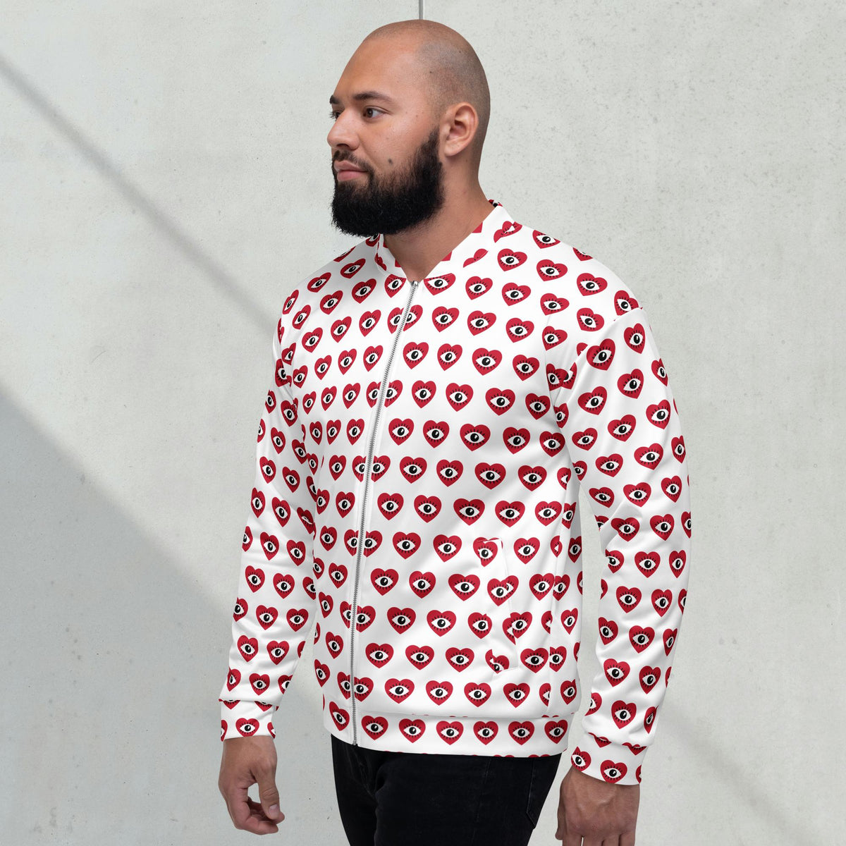 Model wearing a graphic fleece jacket with a relaxed unisex fit