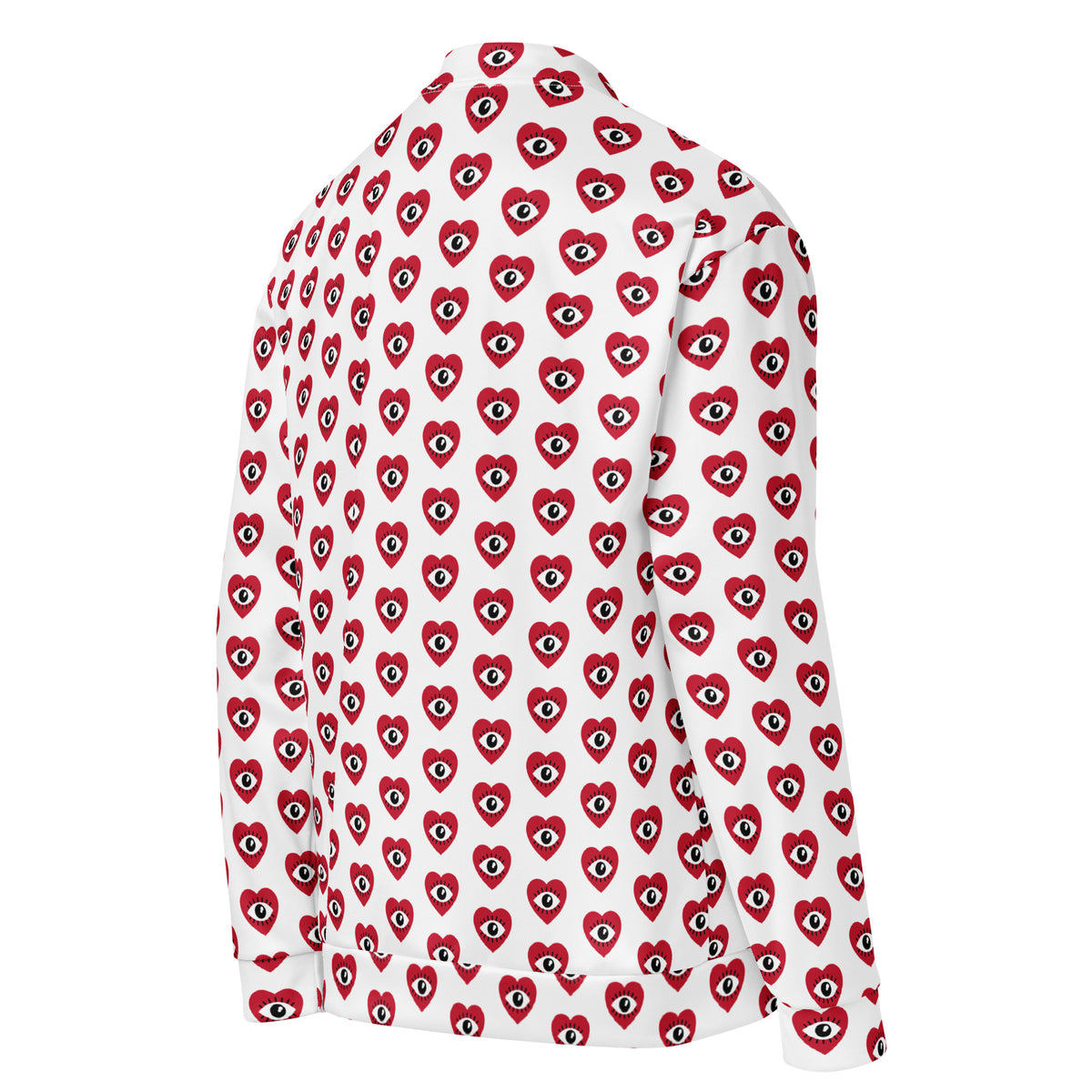 Side view of a graphic fleece jacket showing the right side and heart printed pattern