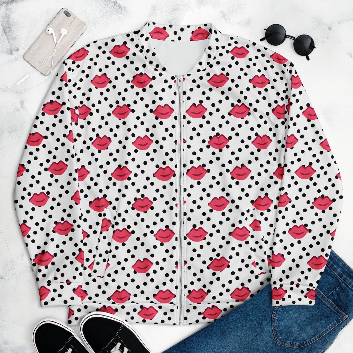 Graphic fleece jacket Kiss for adults in a relaxed unisex fit, front view Flat Lay