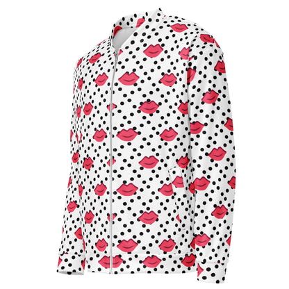 Side view of a graphic fleece jacket "kiss" showing the left side and printed pattern