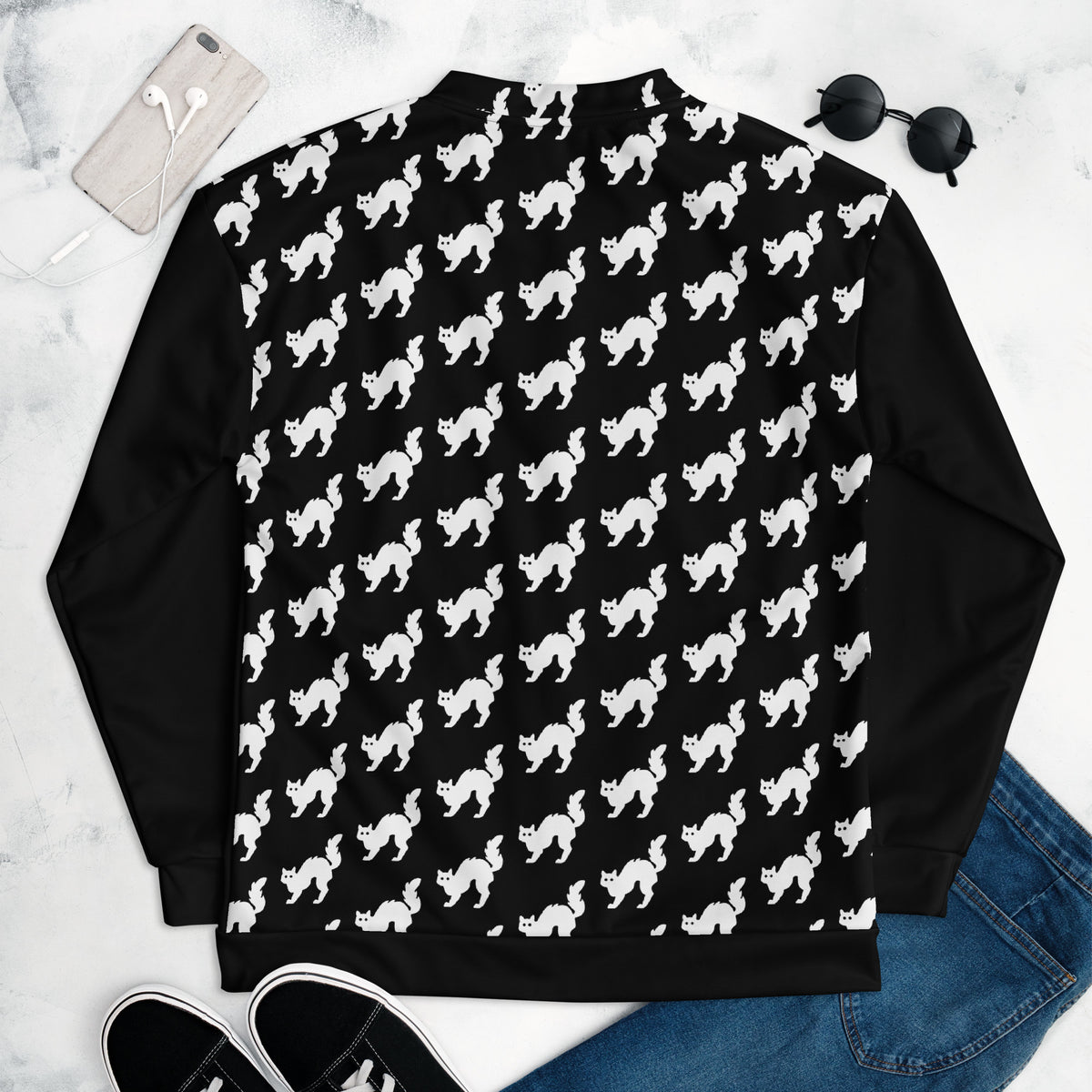 Graphic fleece jacket "cat"  in a relaxed unisex fit, back view showing the printed design flat lay