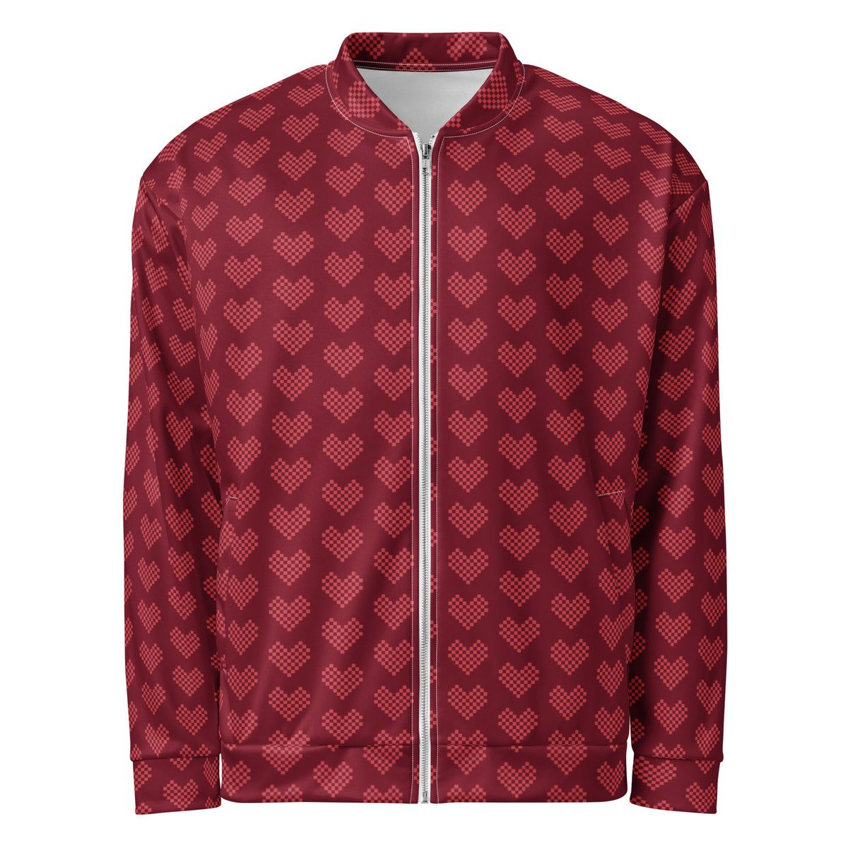 Graphic fleece jacket for adults in a relaxed unisex fit, front view - pixel heart