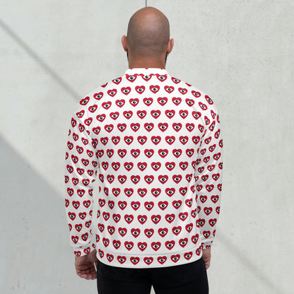 Model wearing a heart graphic fleece jacket with a relaxed unisex fit - back