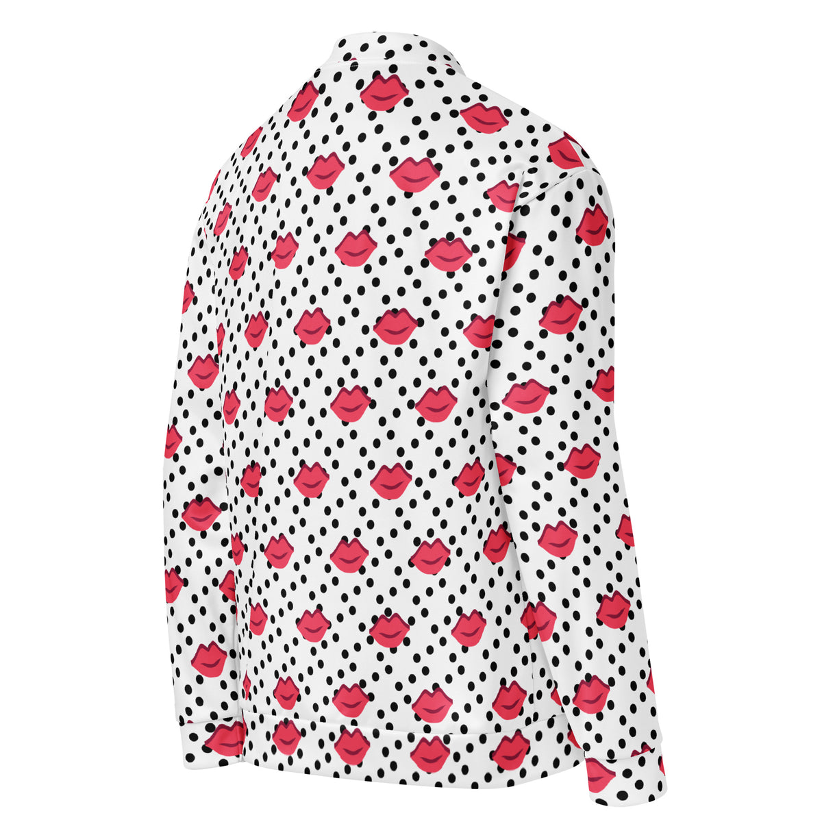Side view of a graphic fleece jacket Kiss showing the right side and printed pattern
