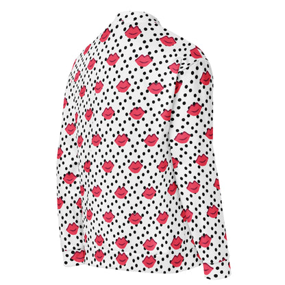 Side view of a graphic fleece jacket Kiss showing the right side and printed pattern