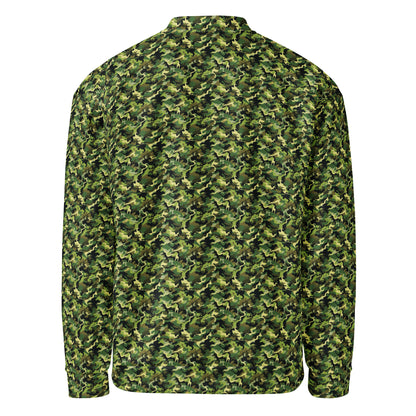 Unisex green camouflage fleece jacket, back view showing the full camo pattern