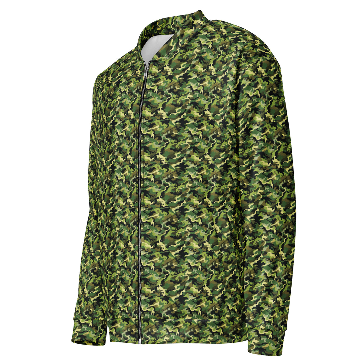 Side view of a unisex green camo fleece jacket showing the camouflage pattern