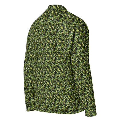 Right side backview of a green camouflage fleece jacket with a relaxed fit
