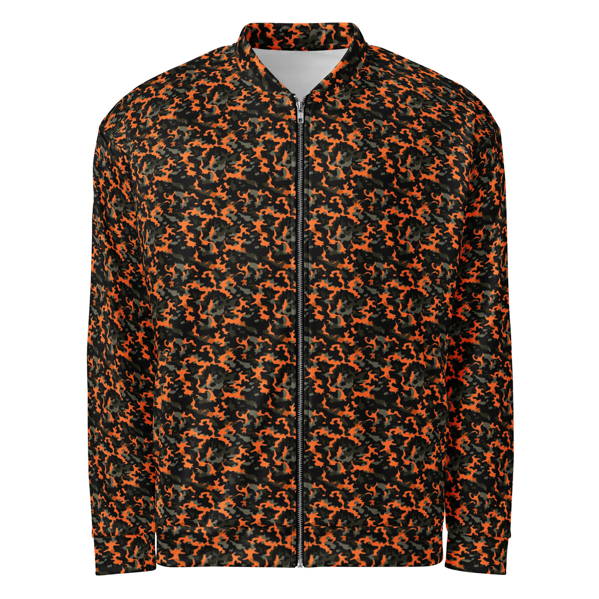 Orange Camo fleece jacket in a relaxed unisex fit, front view