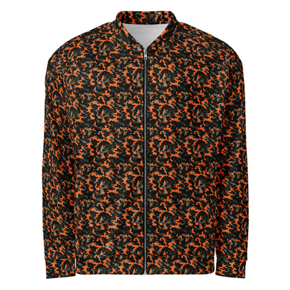 Orange Camo fleece jacket in a relaxed unisex fit, front view