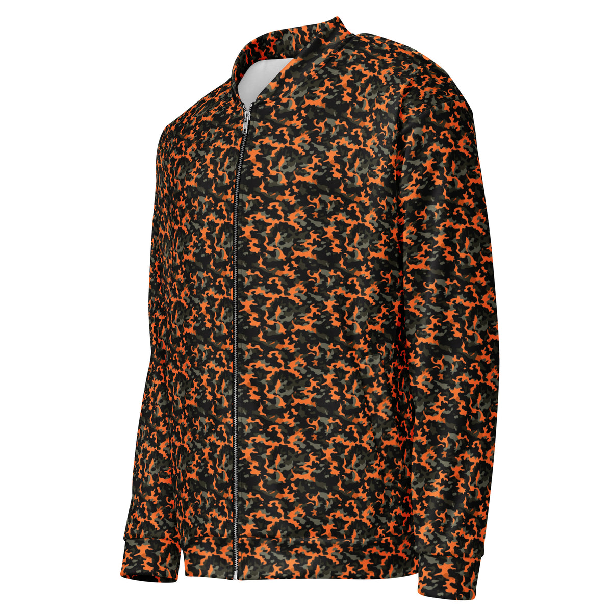 Side view of a unisex orange camo fleece jacket showing the camouflage pattern