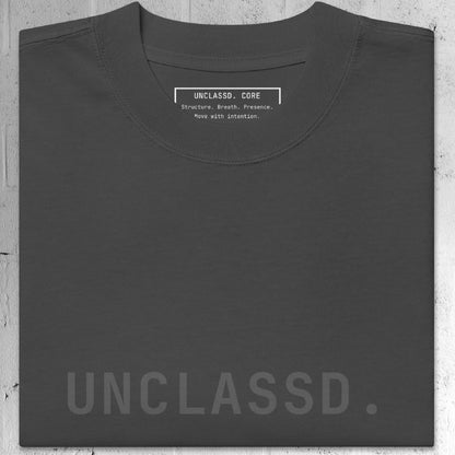Close-up of wide ribbed neckline on the UNCLASSD CORE Oversized Tee, showing construction and finish.