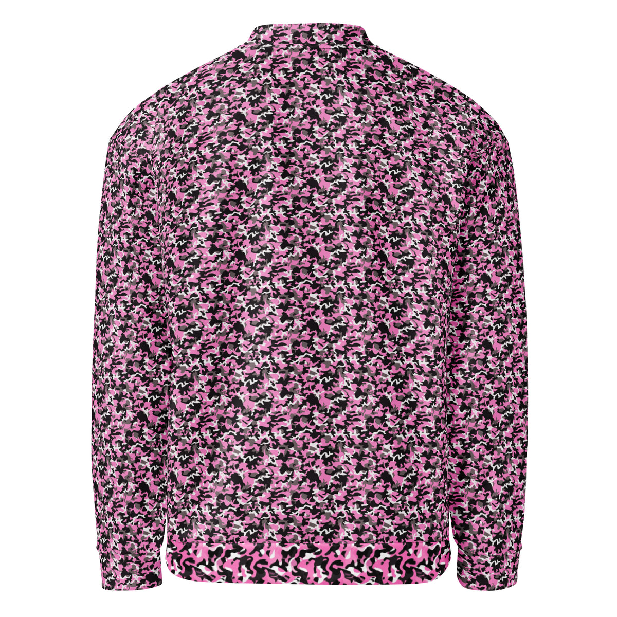 Unisex pink camouflage fleece jacket, back view showing the full camo pattern