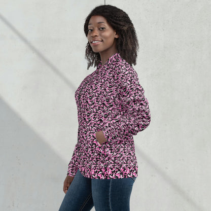 Model wearing a relaxed unisex pink camouflage fleece jacket with a streetwear outfit
