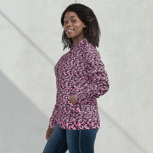 Model wearing a relaxed unisex pink camouflage fleece jacket with a streetwear outfit