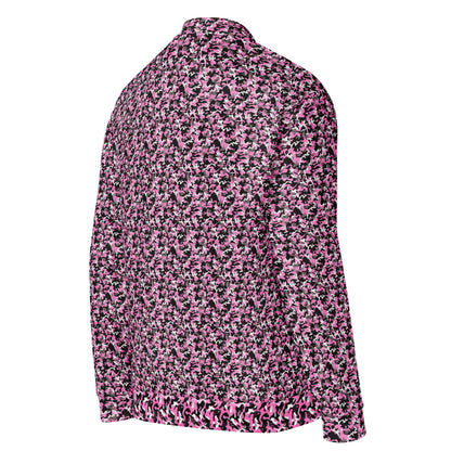 Right side view of a pink camouflage fleece jacket with a relaxed fit