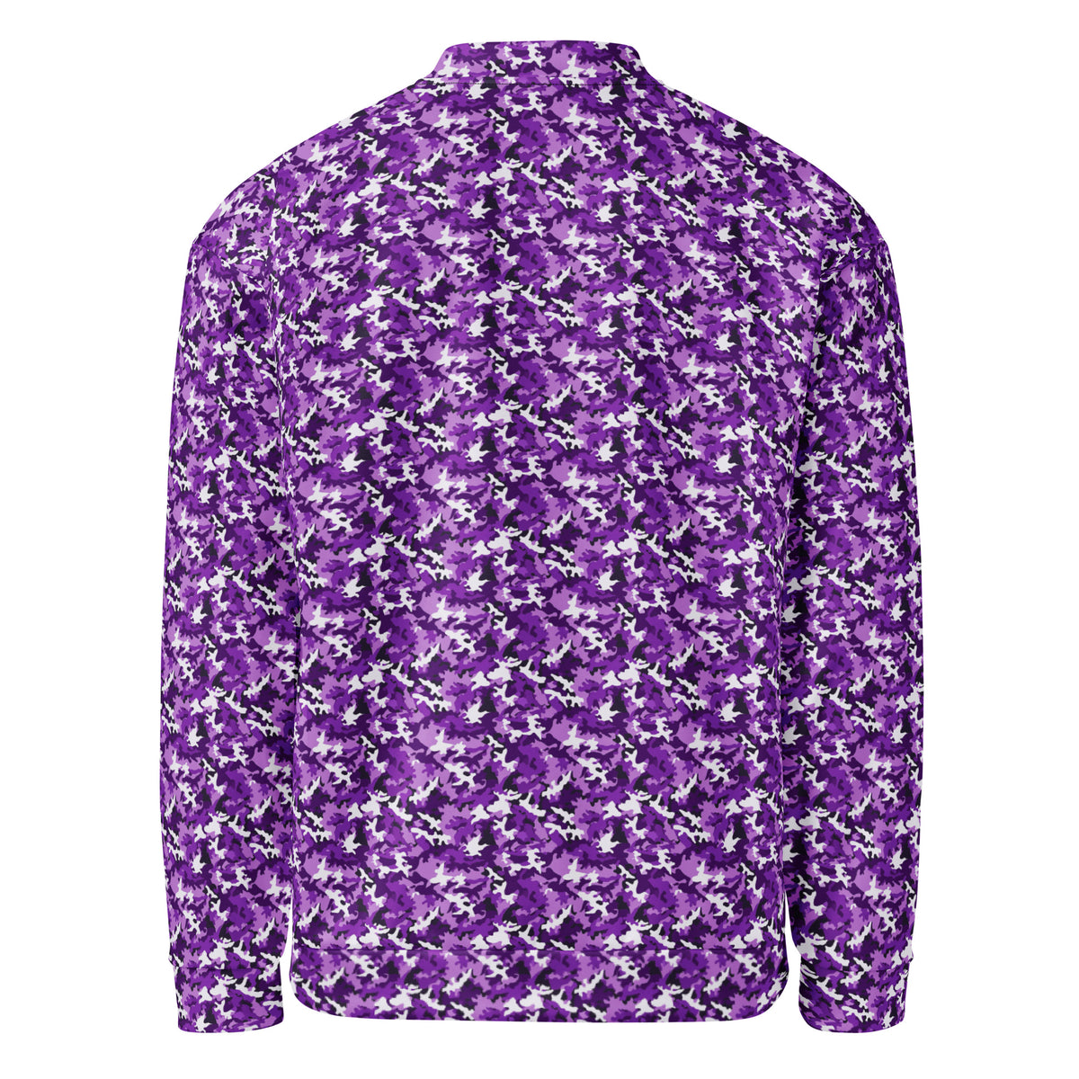 Unisex purple camouflage fleece jacket, back view showing the full camo pattern