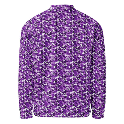 Unisex purple camouflage fleece jacket, back view showing the full camo pattern
